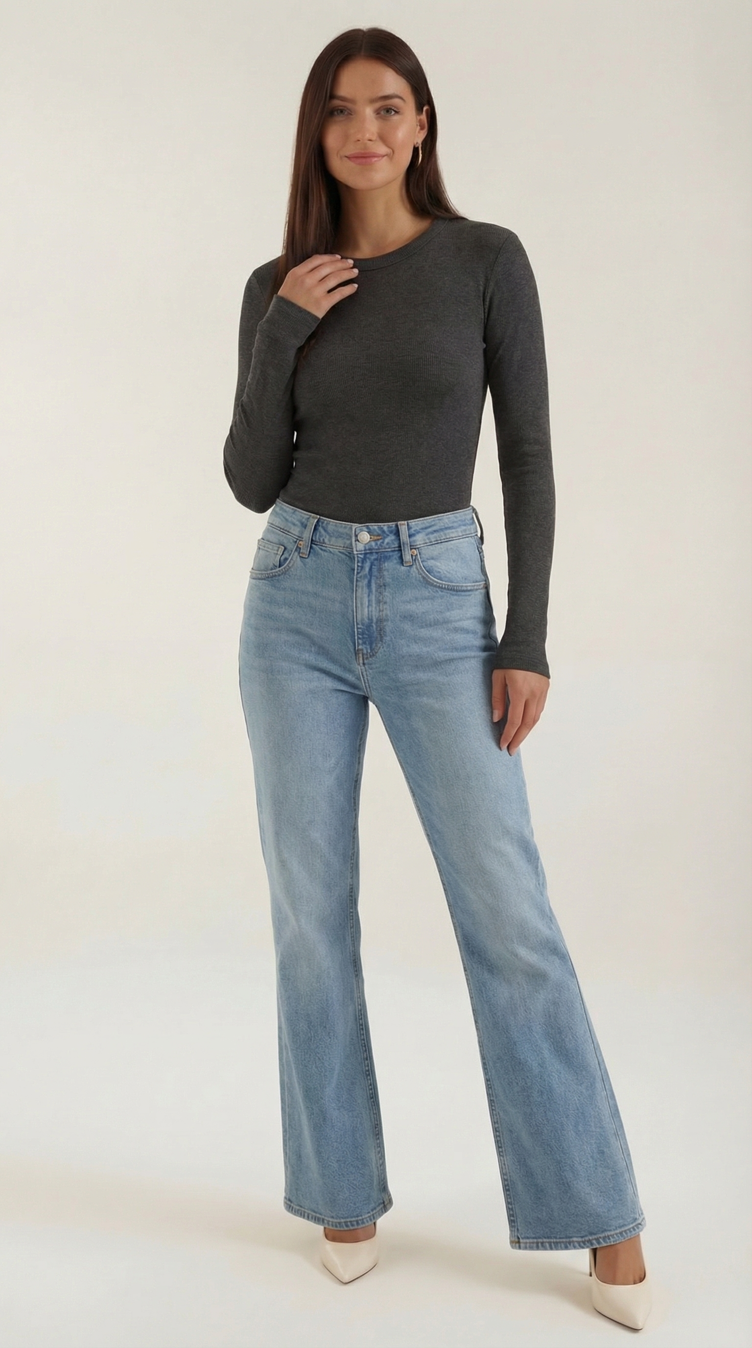 Womens Ribbed Long Sleeve Top – Fitted Crew Neck Essential
