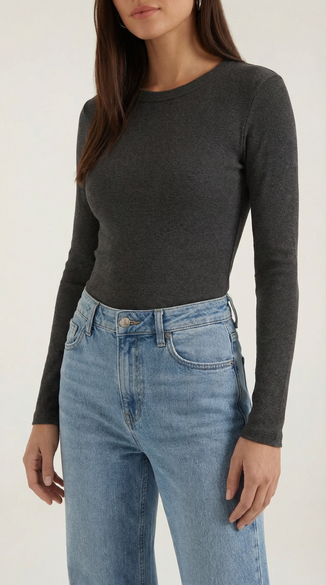 Womens Ribbed Long Sleeve Top – Fitted Crew Neck Essential