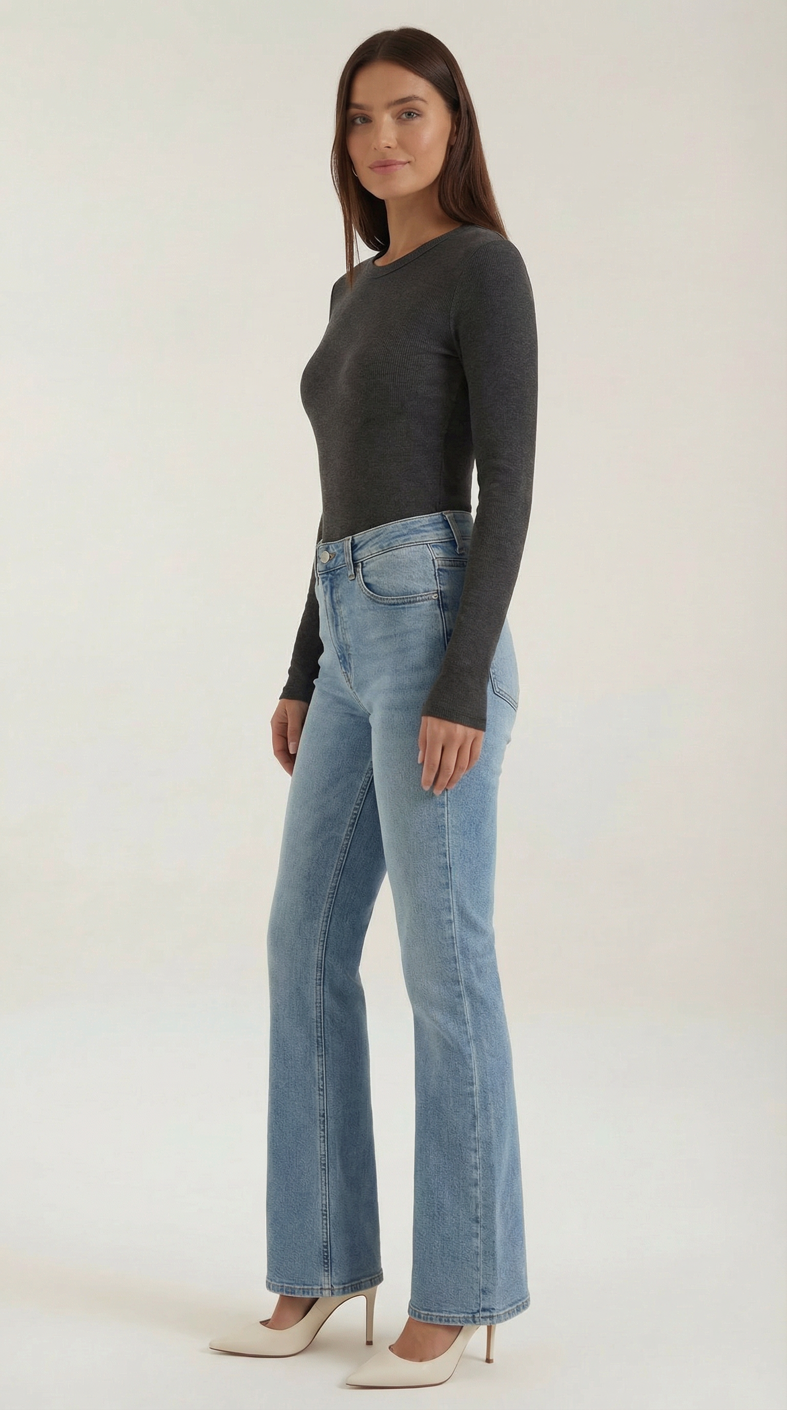 Womens Ribbed Long Sleeve Top – Fitted Crew Neck Essential