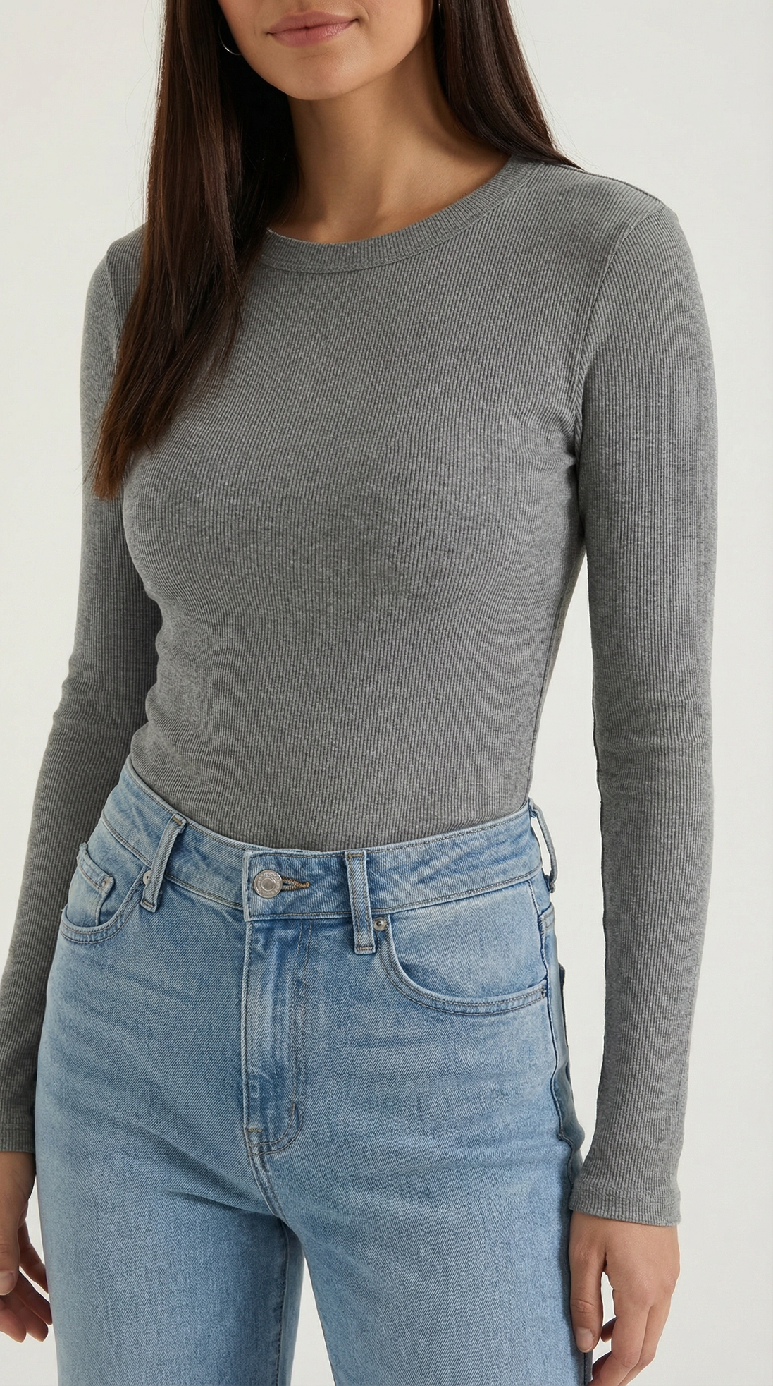 Womens Ribbed Long Sleeve Top – Fitted Crew Neck Essential