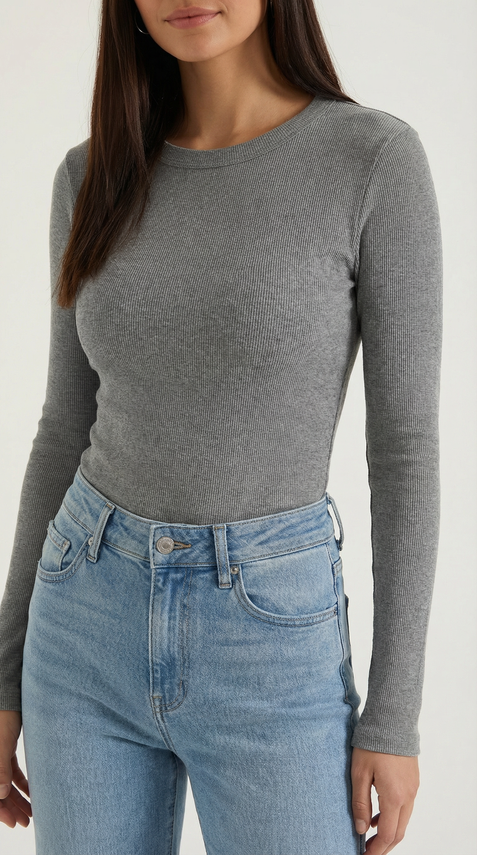 Womens Ribbed Long Sleeve Top – Fitted Crew Neck Essential
