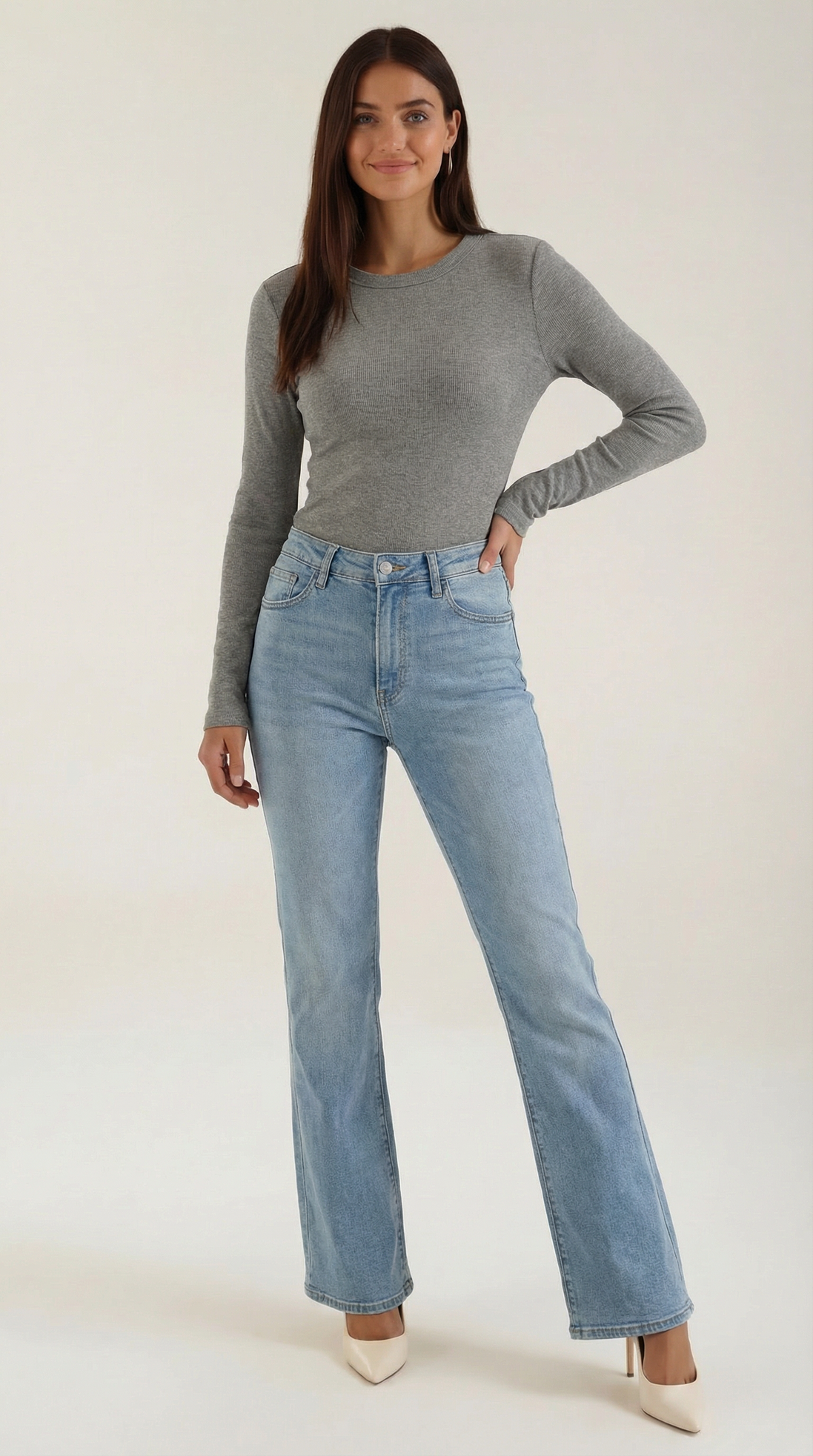 Womens Ribbed Long Sleeve Top – Fitted Crew Neck Essential