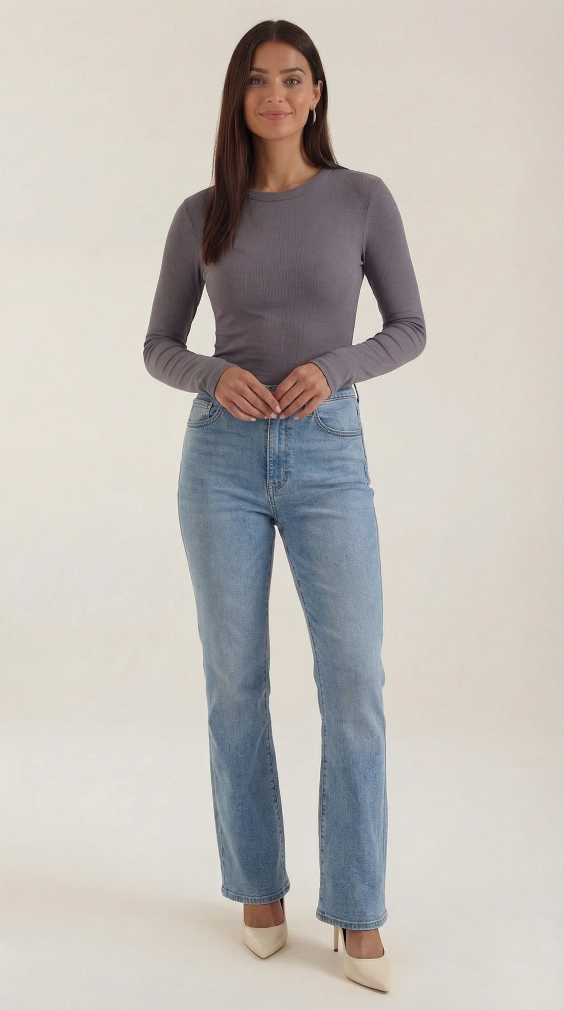 Womens Ribbed Long Sleeve Top – Fitted Crew Neck Essential
