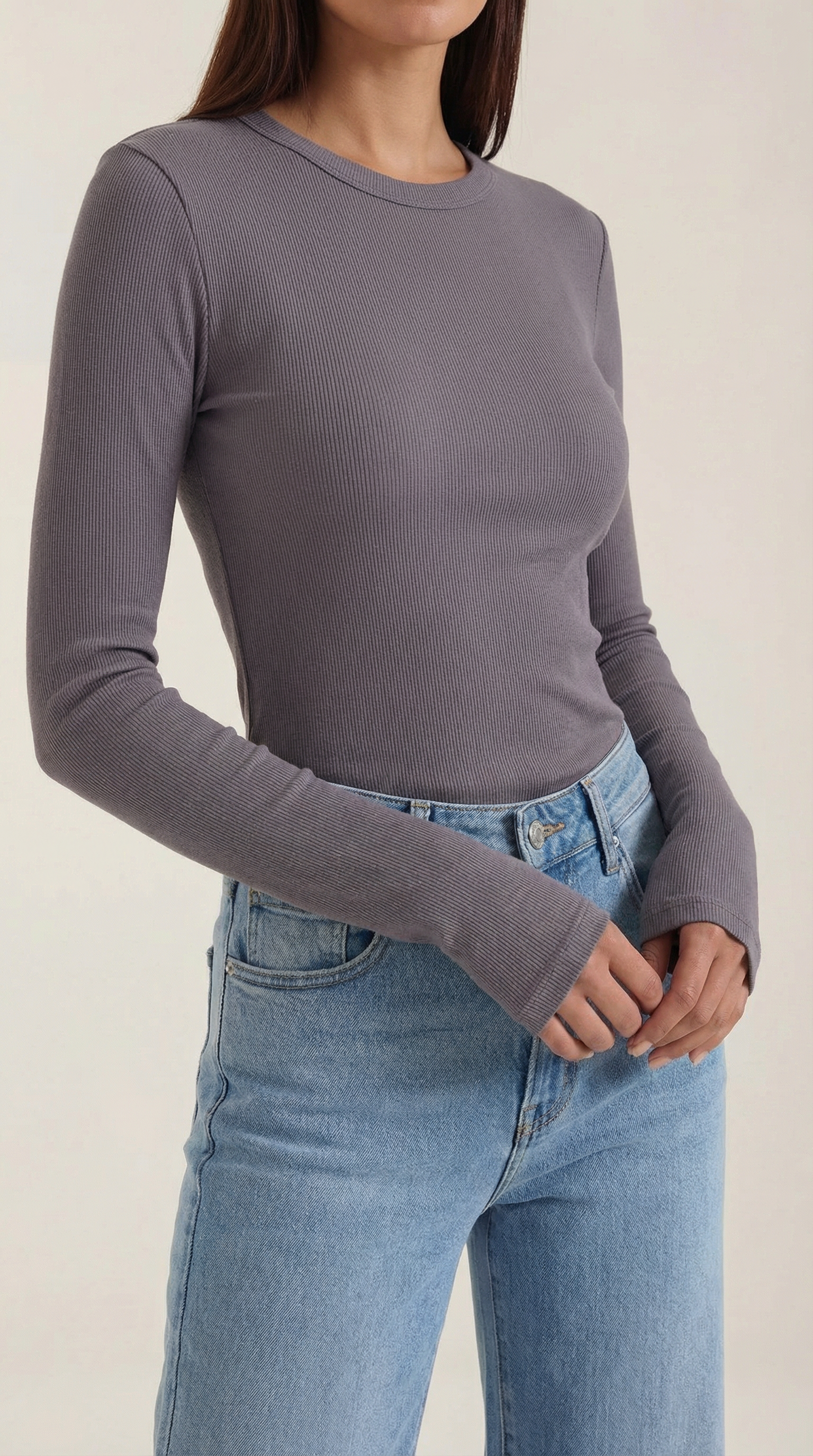 Womens Ribbed Long Sleeve Top – Fitted Crew Neck Essential