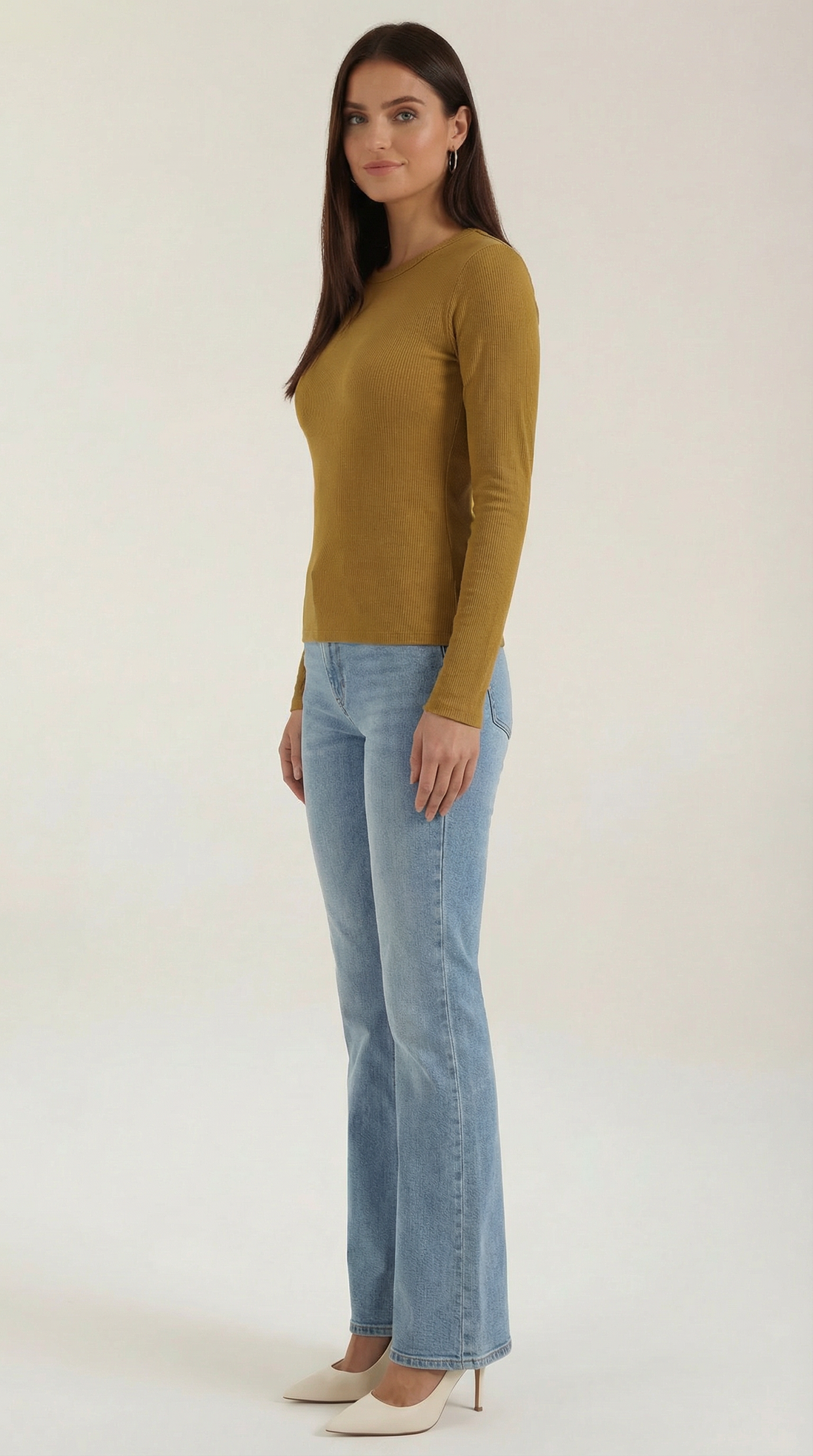 Womens Ribbed Long Sleeve Top – Fitted Crew Neck Essential