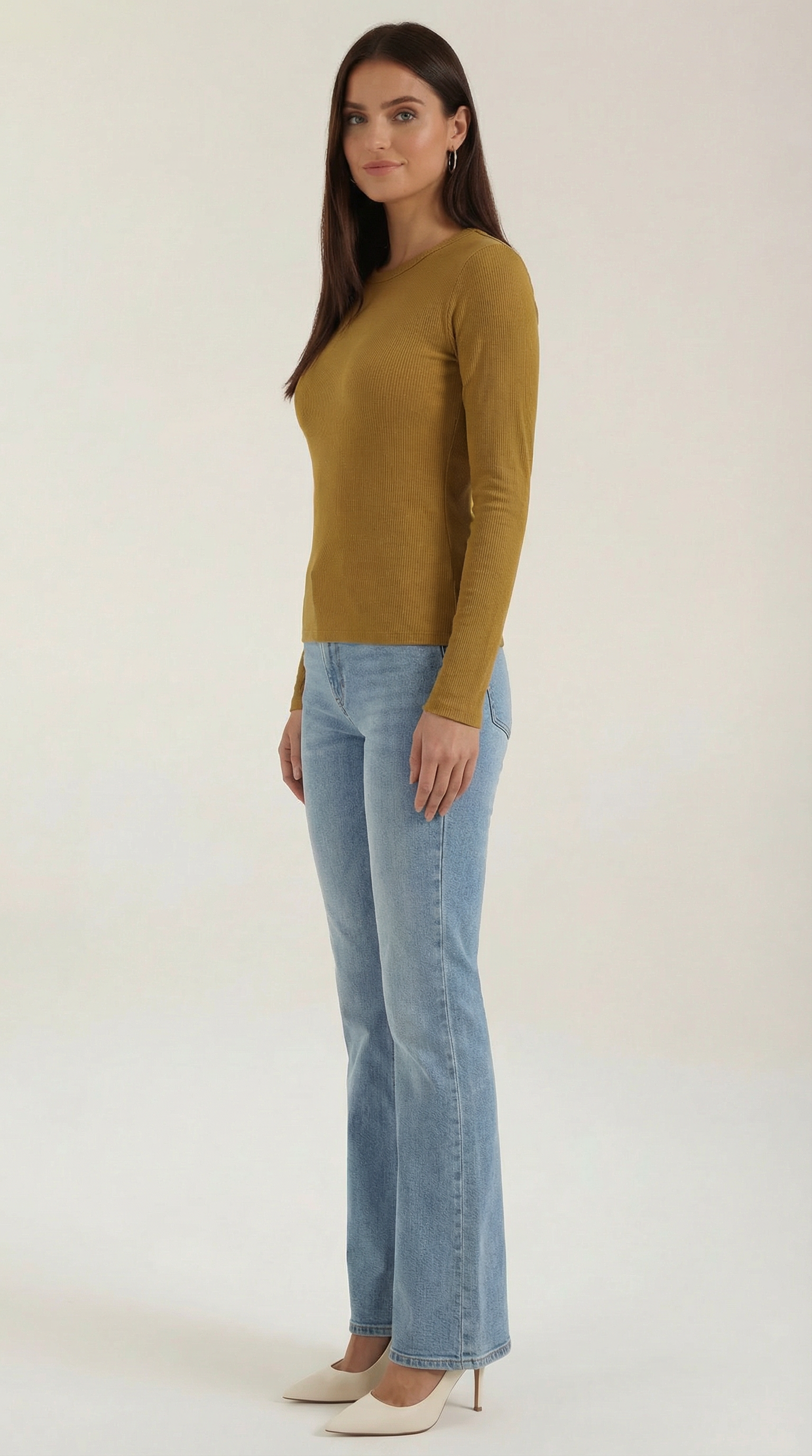 Womens Ribbed Long Sleeve Top – Fitted Crew Neck Essential