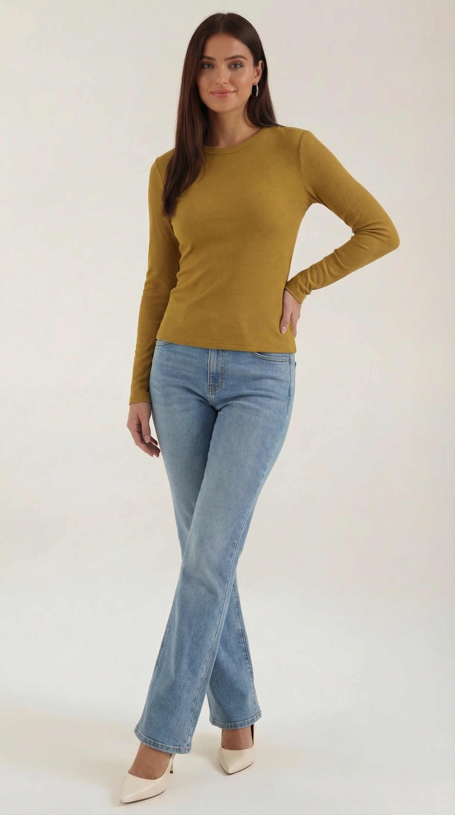 Womens Ribbed Long Sleeve Top – Fitted Crew Neck Essential