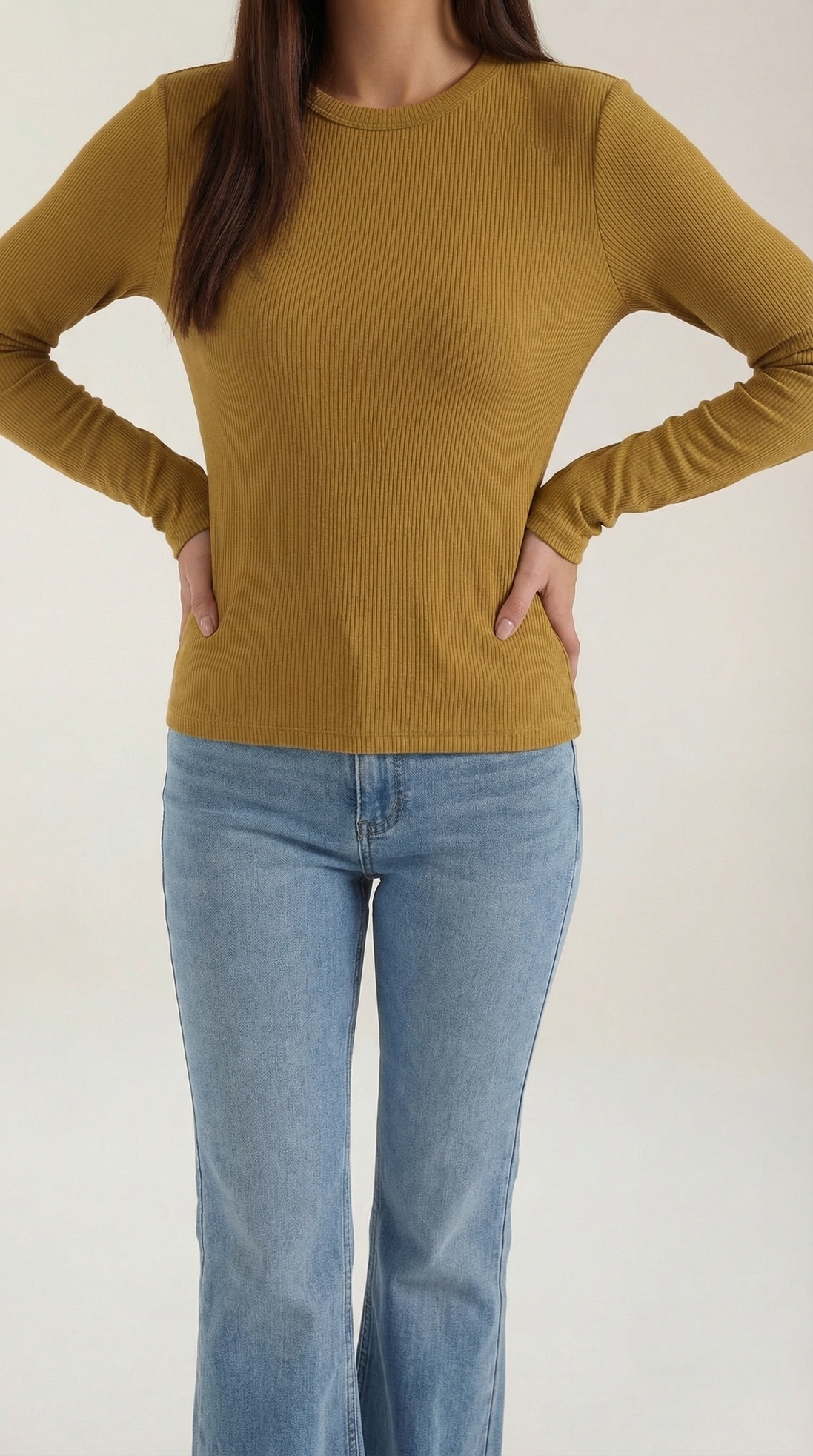 Womens Ribbed Long Sleeve Top – Fitted Crew Neck Essential