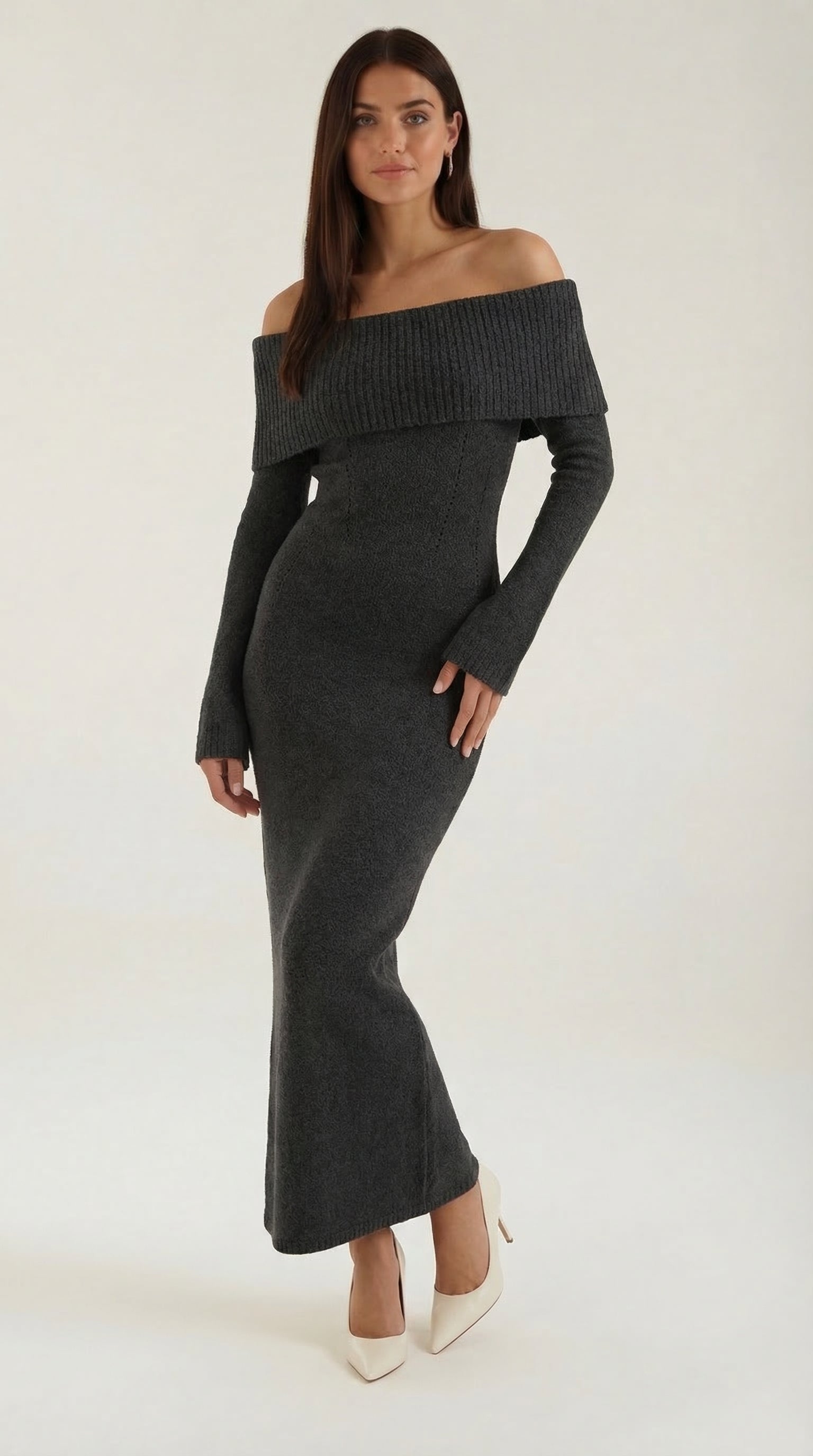 Quinn – Ribbed Maxi Dress Women Off Shoulder Dress Bell Sleeve Elegant