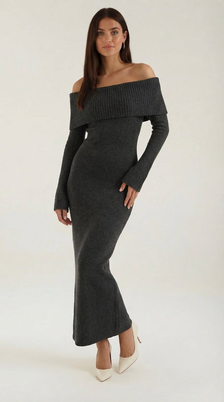 Quinn – Ribbed Maxi Dress Women Off Shoulder Dress Bell Sleeve Elegant