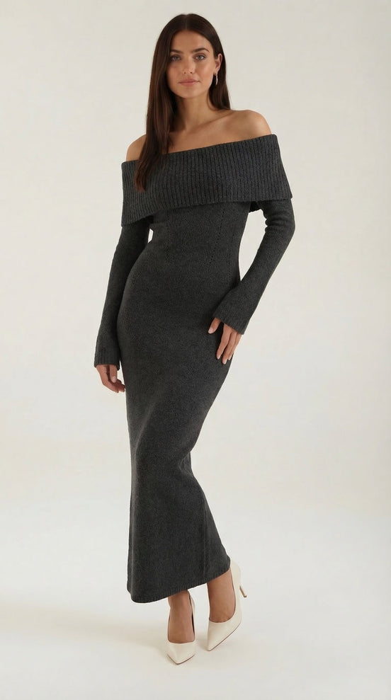 Quinn – Ribbed Maxi Dress Women Off Shoulder Dress Bell Sleeve Elegant