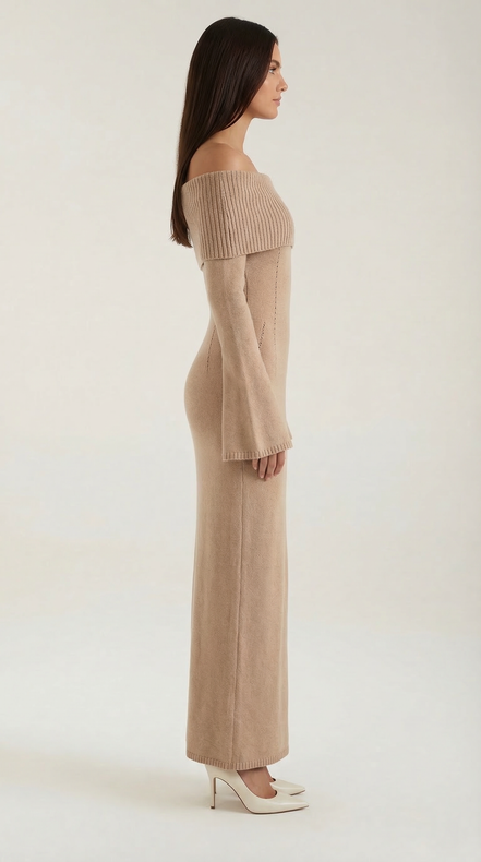 Quinn – Ribbed Maxi Dress Women Off Shoulder Dress Bell Sleeve Elegant