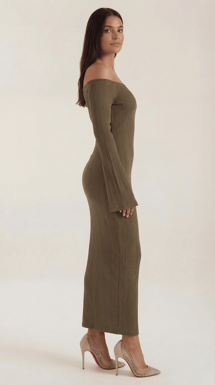 Womens Off Shoulder Maxi Dress – Elegant Ribbed Statement Style