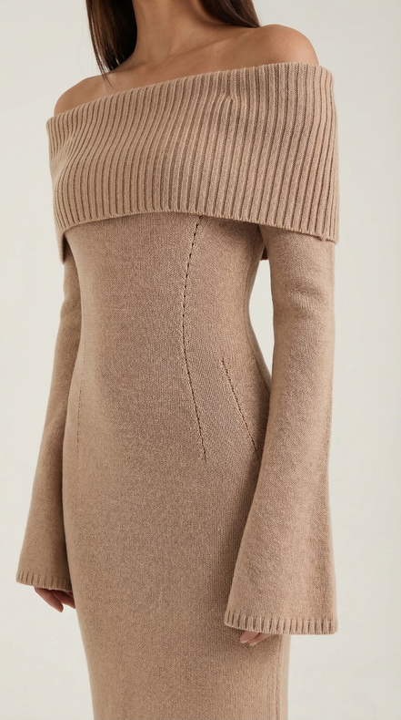 Quinn – Ribbed Maxi Dress Women Off Shoulder Dress Bell Sleeve Elegant