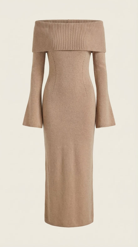 Quinn – Ribbed Maxi Dress Women Off Shoulder Dress Bell Sleeve Elegant