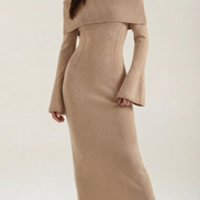 Quinn – Ribbed Maxi Dress Women Off Shoulder Dress Bell Sleeve Elegant