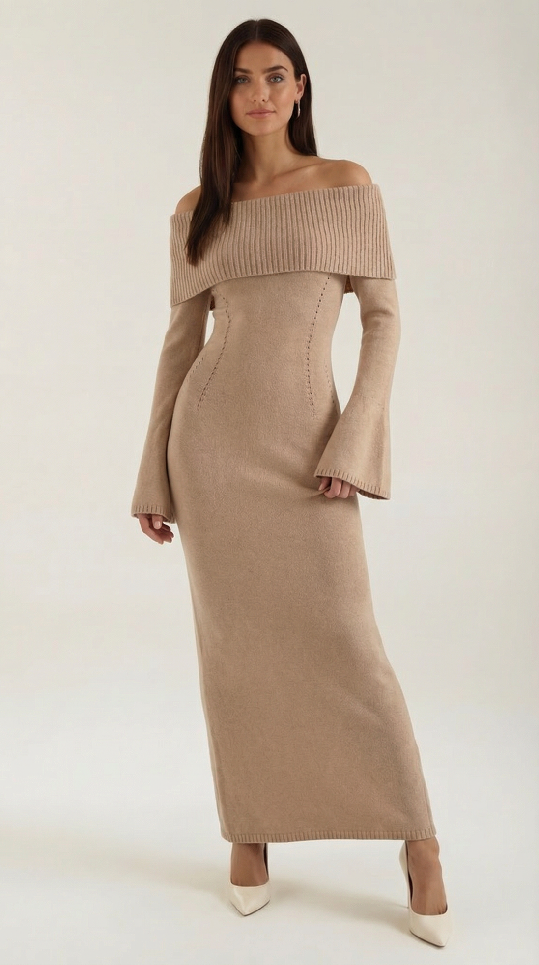 Quinn – Ribbed Maxi Dress Women Off Shoulder Dress Bell Sleeve Elegant