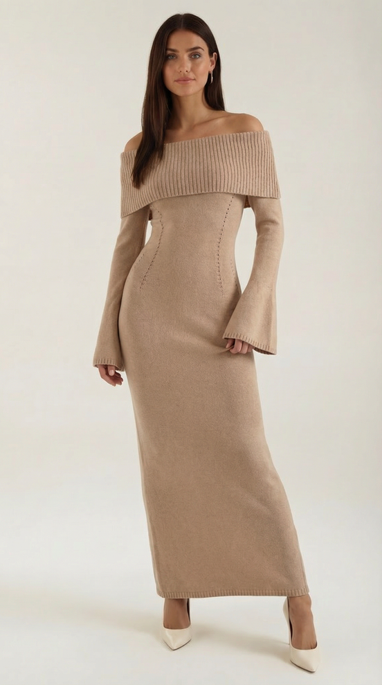 Quinn – Ribbed Maxi Dress Women Off Shoulder Dress Bell Sleeve Elegant