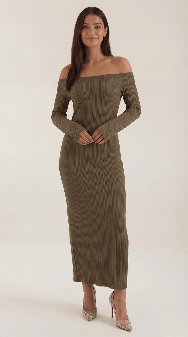 Womens Off Shoulder Maxi Dress – Elegant Ribbed Statement Style