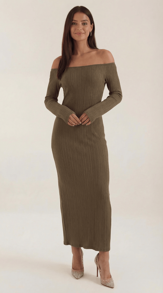 Womens Off Shoulder Maxi Dress – Elegant Ribbed Statement Style