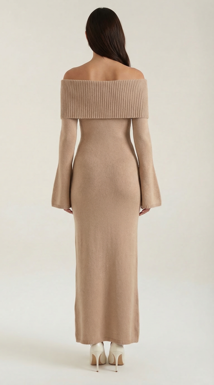 Quinn – Ribbed Maxi Dress Women Off Shoulder Dress Bell Sleeve Elegant