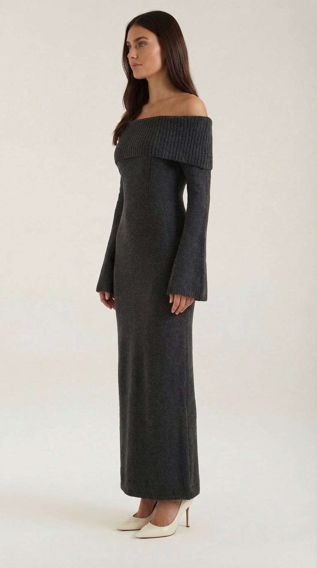 Quinn – Ribbed Maxi Dress Women Off Shoulder Dress Bell Sleeve Elegant