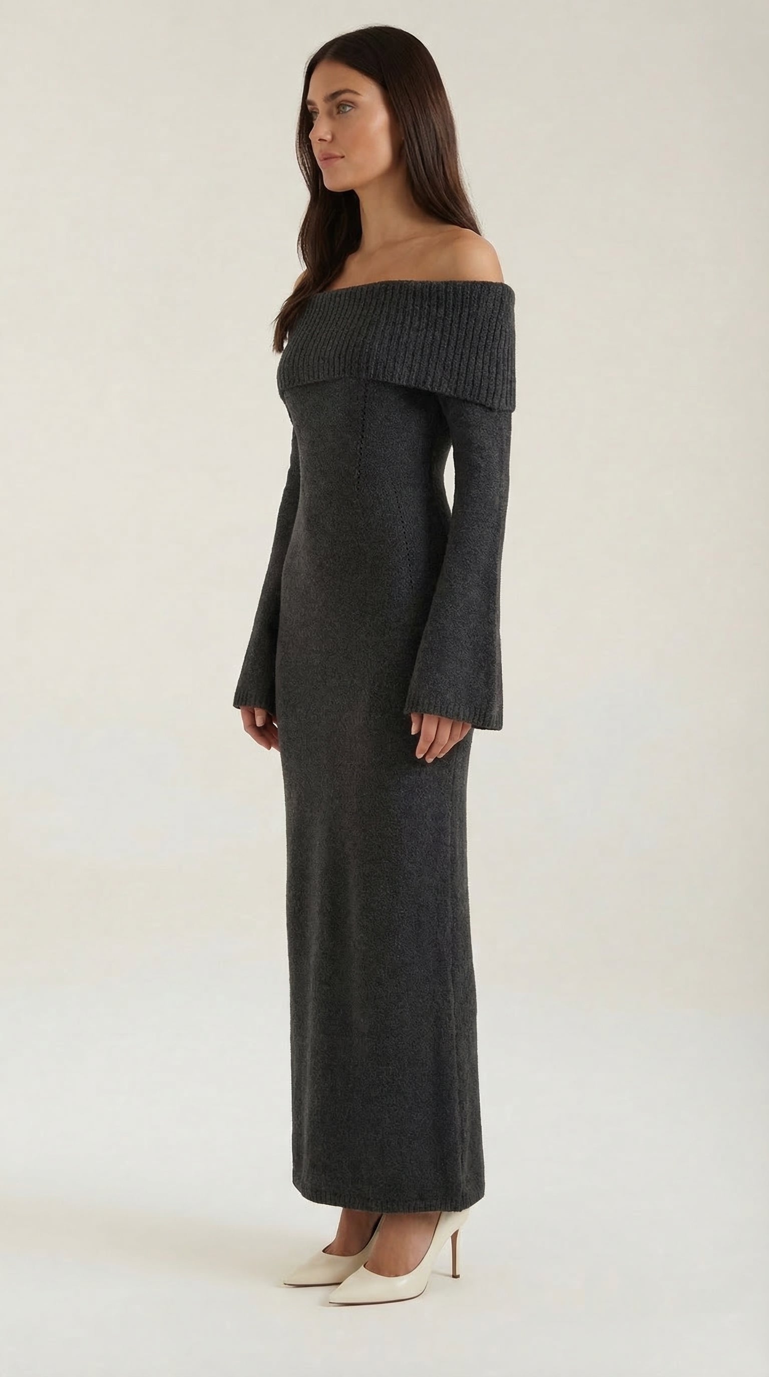 Quinn – Ribbed Maxi Dress Women Off Shoulder Dress Bell Sleeve Elegant