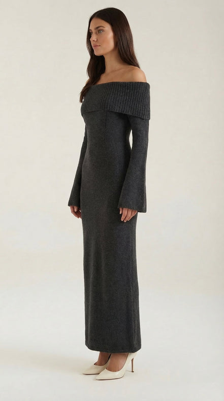 Quinn – Ribbed Maxi Dress Women Off Shoulder Dress Bell Sleeve Elegant