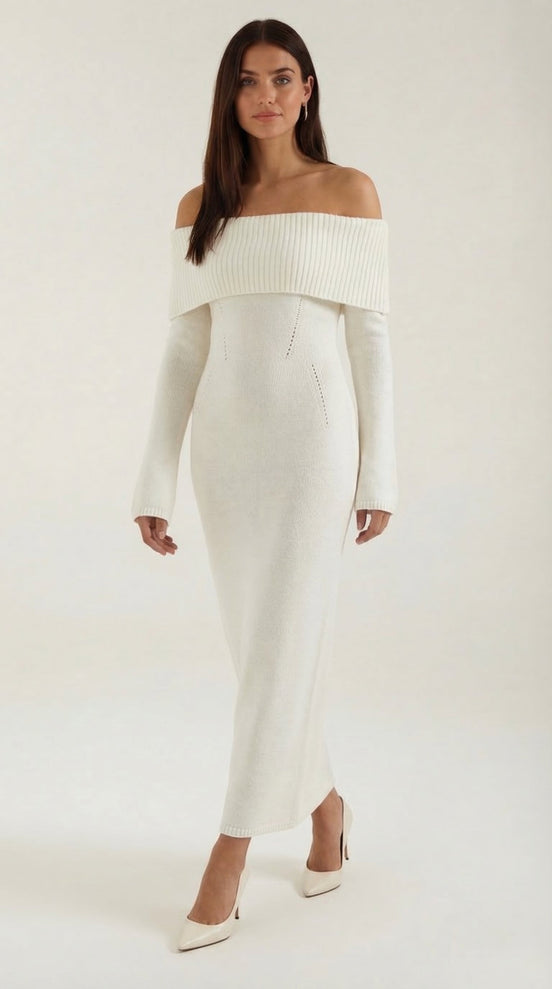 Quinn – Ribbed Maxi Dress Women Off Shoulder Dress Bell Sleeve Elegant