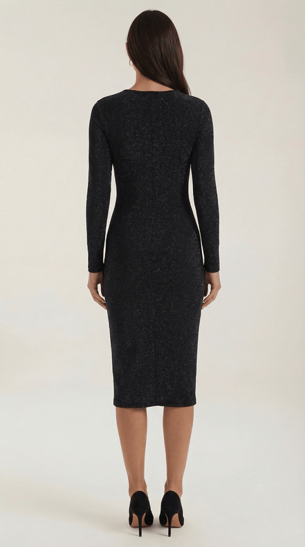 Womens Glitter Midi Dress – Elegant Long Sleeve Evening Style