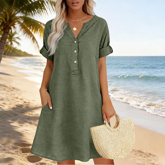 Womens Cotton Tunic Dress - V-Neck with Pockets