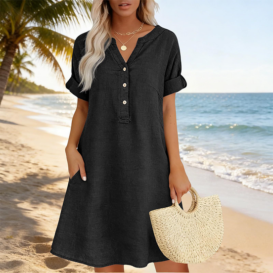 Womens Cotton Tunic Dress - V-Neck with Pockets