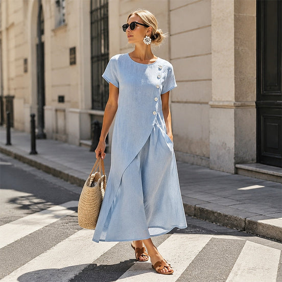 Womens Cotton-Linen Midi Dress - Asymmetric Button Detail
