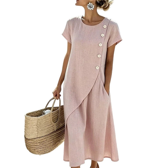 Womens Cotton-Linen Midi Dress - Asymmetric Button Detail