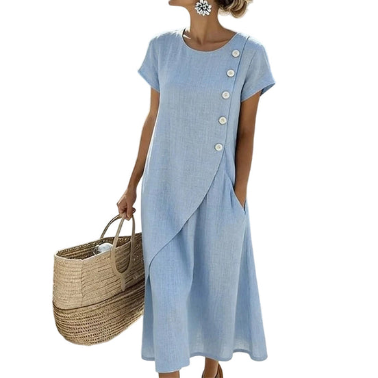 Womens Cotton-Linen Midi Dress - Asymmetric Button Detail