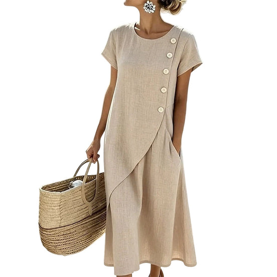 Womens Cotton-Linen Midi Dress - Asymmetric Button Detail