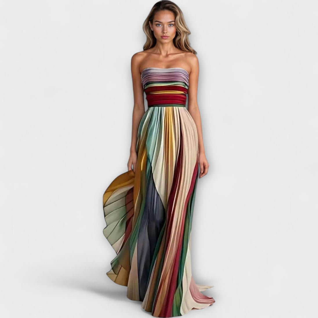 Race Day Strapless Pleated Maxi Dress - Multicolour Stripe