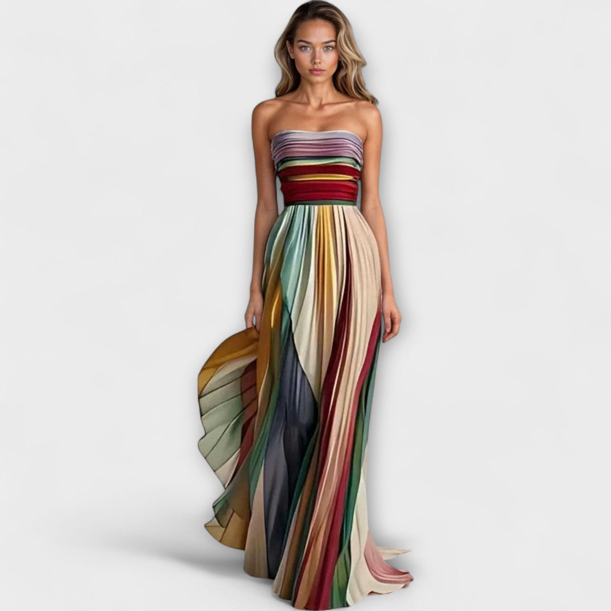 Race Day Strapless Pleated Maxi Dress - Multicolour Stripe