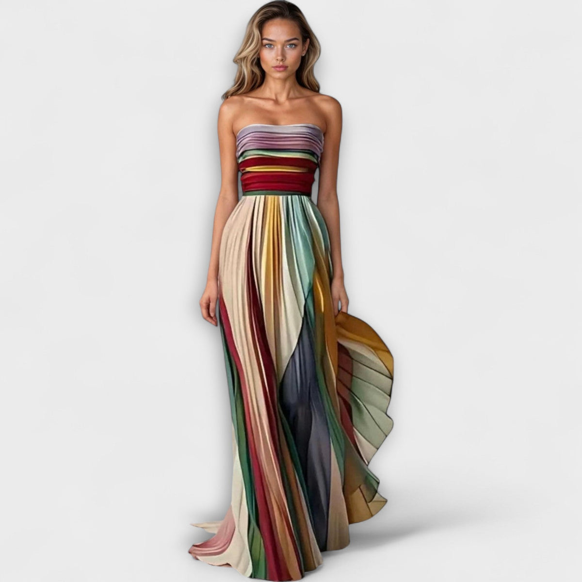 Race Day Strapless Pleated Maxi Dress - Multicolour Stripe