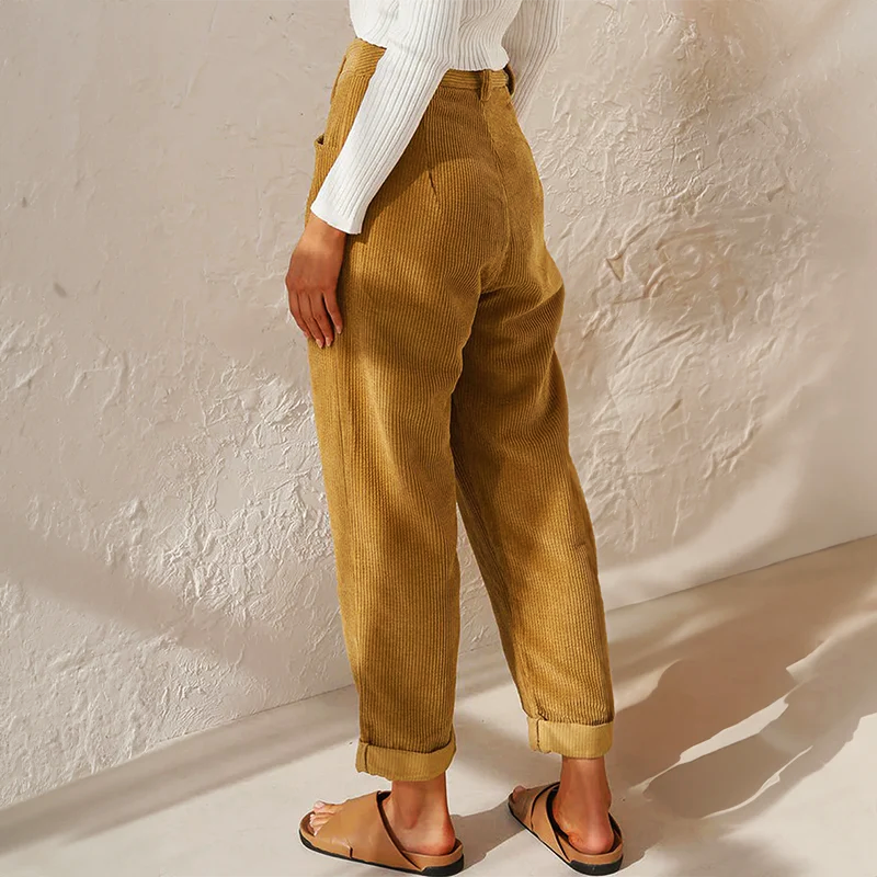 Womens Corduroy Wide Leg Trousers - High Waist with Pockets