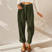 Womens Corduroy Wide Leg Trousers - High Waist with Pockets