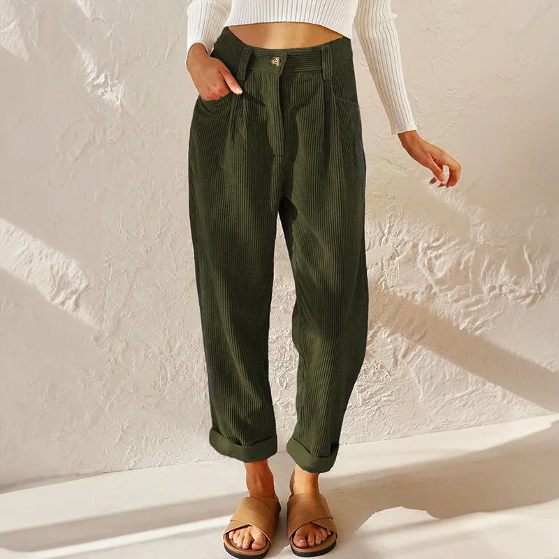 Womens Corduroy Wide Leg Trousers - High Waist with Pockets