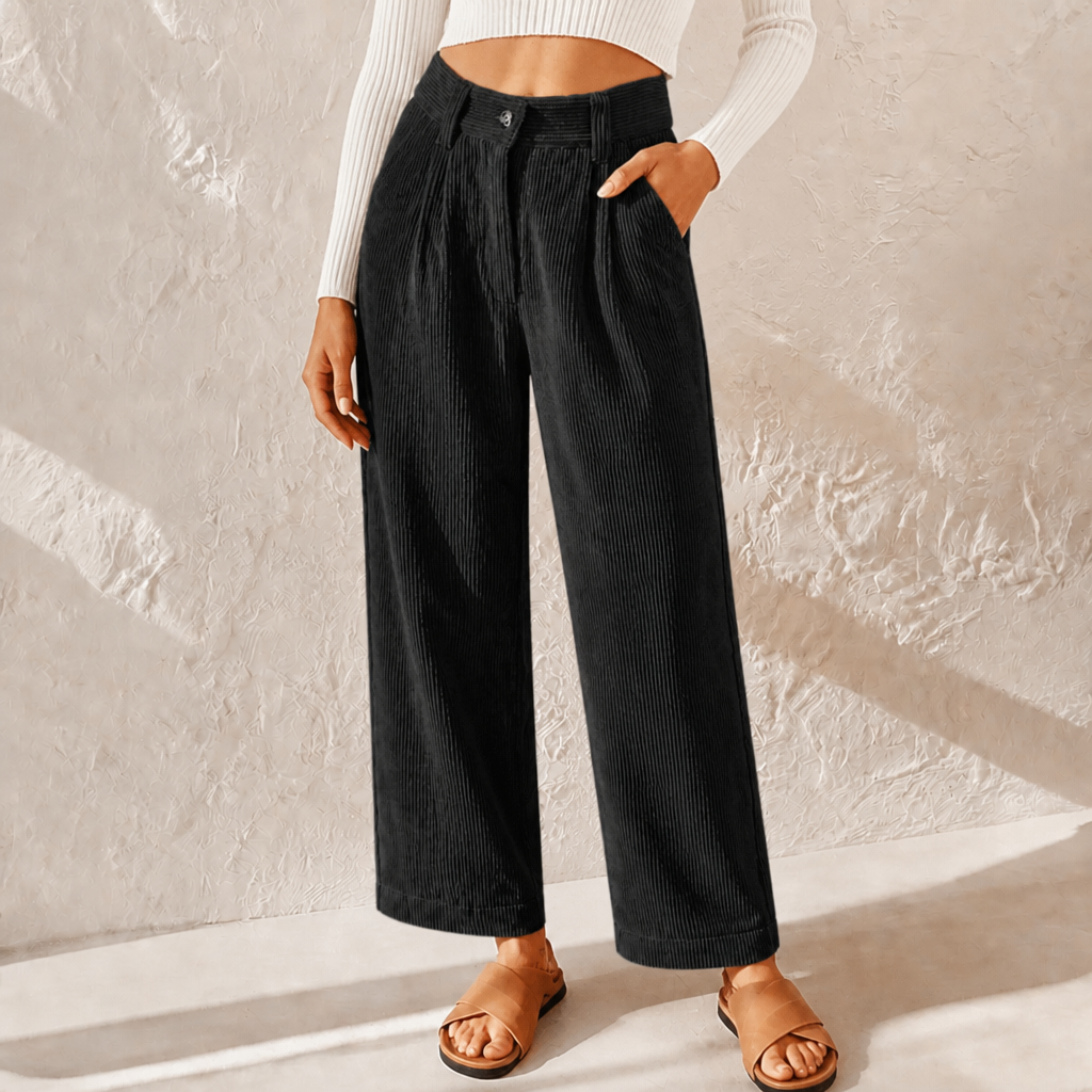 Womens Corduroy Wide Leg Trousers - High Waist with Pockets