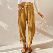 Womens Corduroy Wide Leg Trousers - High Waist with Pockets