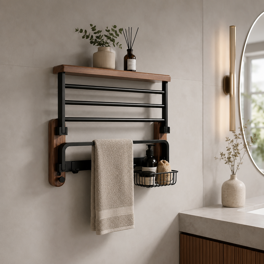 Wall-Mounted Wooden Towel Rack - Bathroom Shelf with Towel Bar