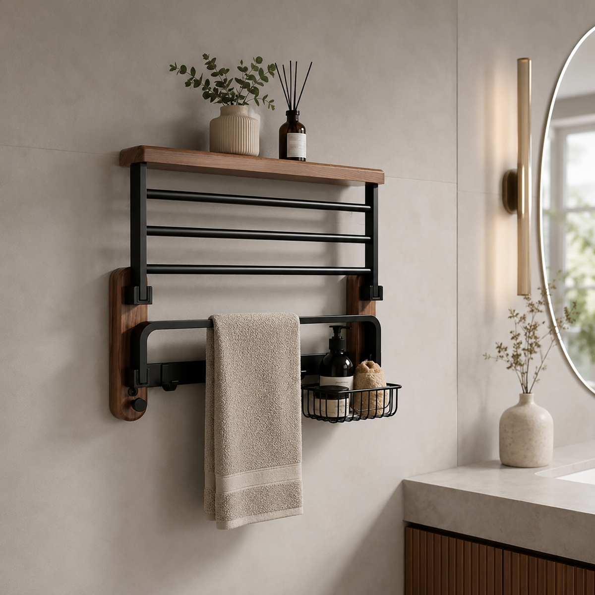 Wall-Mounted Wooden Towel Rack - Bathroom Shelf with Towel Bar
