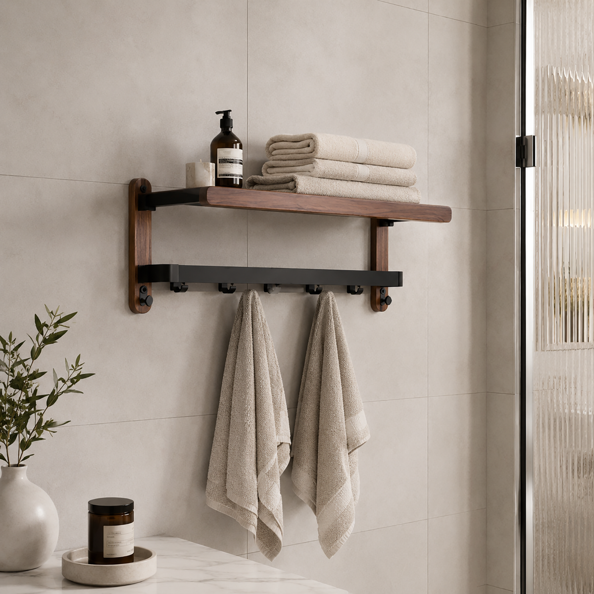 Wall-Mounted Wooden Towel Rack - Bathroom Shelf with Towel Bar