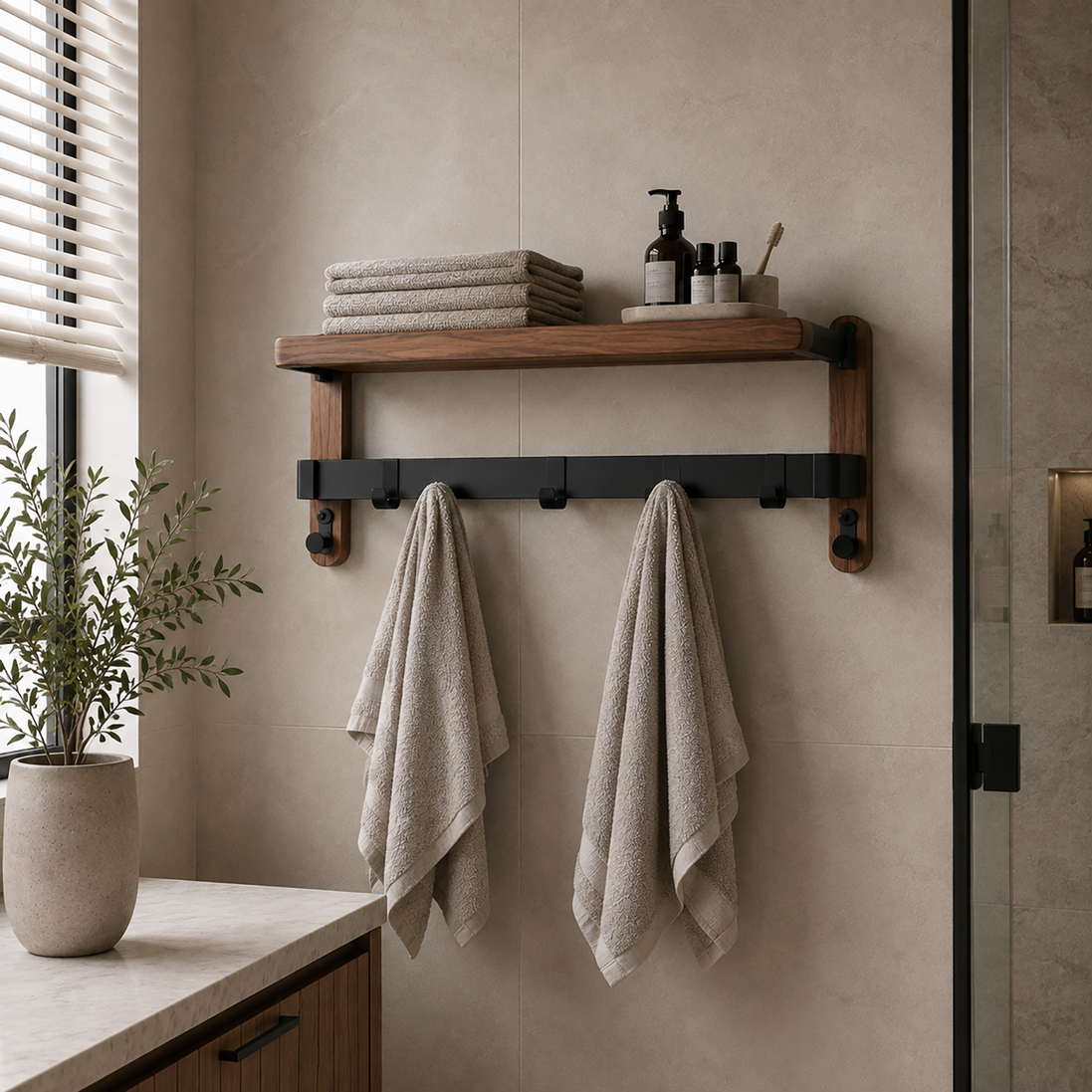Wall-Mounted Wooden Towel Rack - Bathroom Shelf with Towel Bar