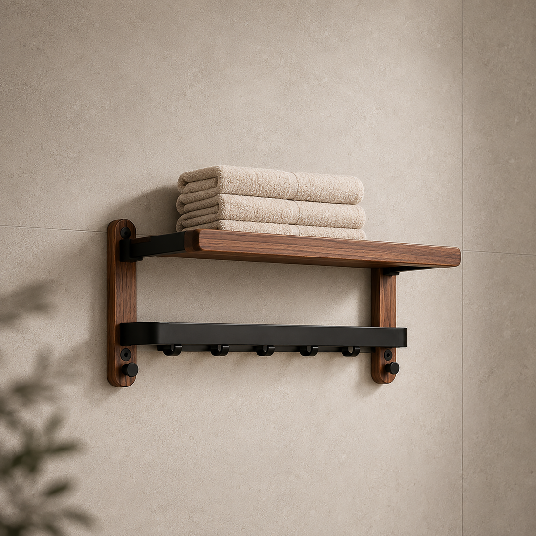 Wall-Mounted Wooden Towel Rack - Bathroom Shelf with Towel Bar
