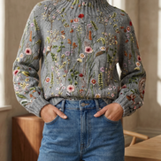 Womens Floral Embroidered Knit Sweater – Relaxed Ribbed Style